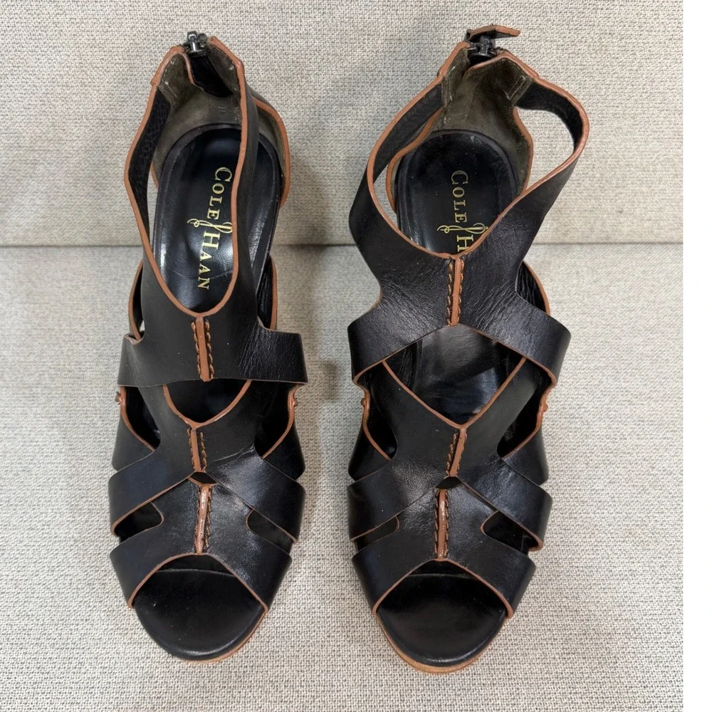Cole‎ Haan Black Leather Caged Wedge Sandals Womens 7B Heel Zip D37884